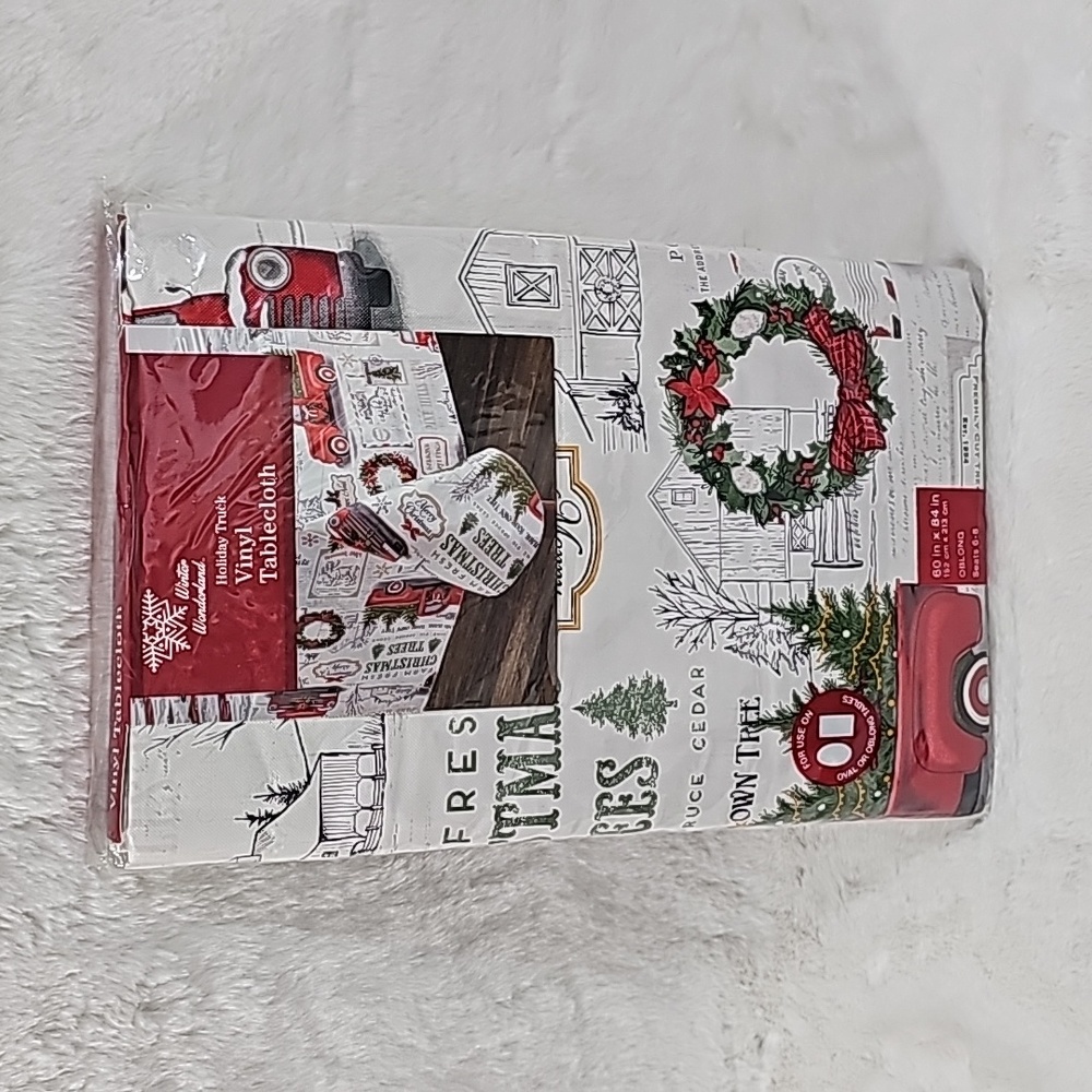 Winter Wonderland Holiday Truck Vinyl Table Cloth Oblong 60" x 84"